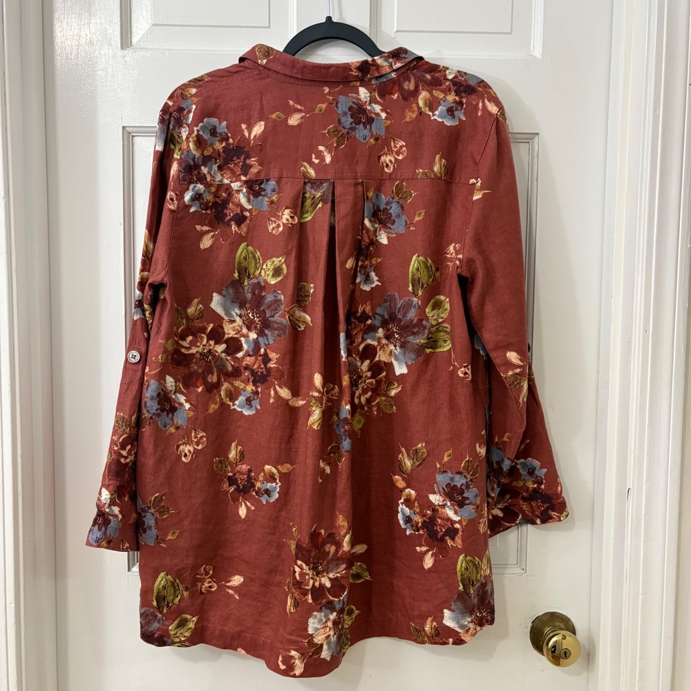 John Mark 100% Linen Button Down Shirt L Rust Orange Boho Coastal Autumn Floral - Picture 2 of 6